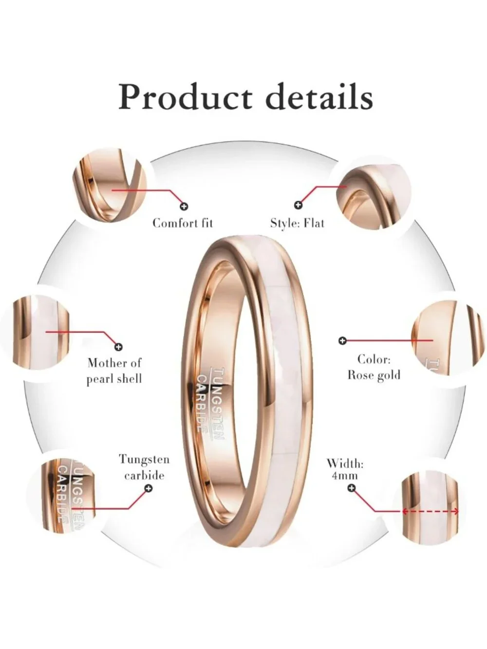 Rose Gold Tungsten Carbide Ring with Mother of Pearl Inlay, Comfort Fit, Size